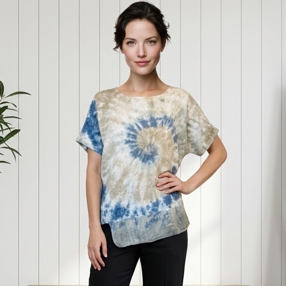 Valentina Naldi Italy 100% Linen Tie Dye Top Blue Tan Art 19812‎ Size Medium - Picture 2 of 8